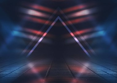 Boş arka plan sahnesi. Islak asfaltta karanlık sokak yansıması. Karanlıkta neon ışıkları, neon şekiller, duman. Boş bir sahne gösterisinin arka planı. Soyut koyu arkaplan.