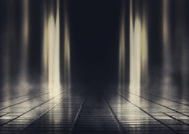 Boş arka plan sahnesi. Islak asfaltta karanlık sokak yansıması. Karanlıkta ışık huzmeleri, neon figürler, duman. Boş sahne gösterisinin arka planı. Soyut koyu arkaplan.