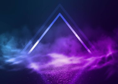 Boş arka plan sahnesi. Islak asfaltta karanlık sokak yansıması. Karanlıkta neon ışıkları, neon şekiller, duman. Boş bir sahne gösterisinin arka planı. Soyut koyu arkaplan.