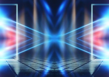 Boş arka plan sahnesi. Islak asfaltta karanlık sokak yansıması. Karanlıkta neon ışıkları, neon şekiller, duman. Boş bir sahne gösterisinin arka planı. Soyut koyu arkaplan.