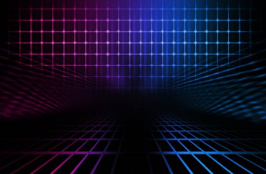 Boş arka plan sahnesi. Islak asfaltta karanlık sokak yansıması. Karanlıkta neon ışıkları, neon şekiller, duman. Boş bir sahne gösterisinin arka planı. Soyut koyu arkaplan.