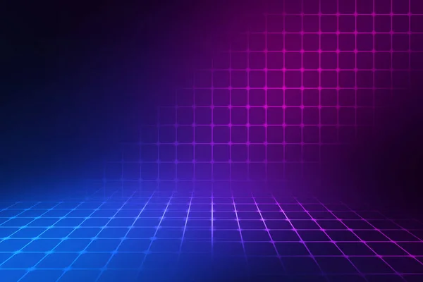 Boş arka plan sahnesi. Islak asfaltta karanlık sokak yansıması. Karanlıkta neon ışıkları, neon şekiller, duman. Boş bir sahne gösterisinin arka planı. Soyut koyu arkaplan.