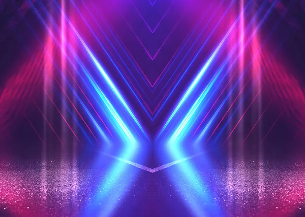 Üres Háttérjelenet Sötét Utcai Tükröződés Nedves Aszfalton Neon Fénysugarak Sötétben — Stock Fotó