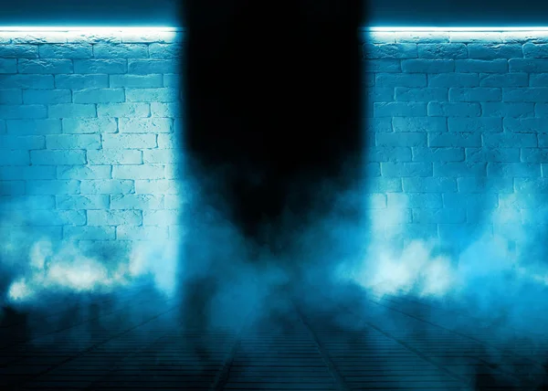 background of empty brick wall, neon light, smoke, concrete floor.