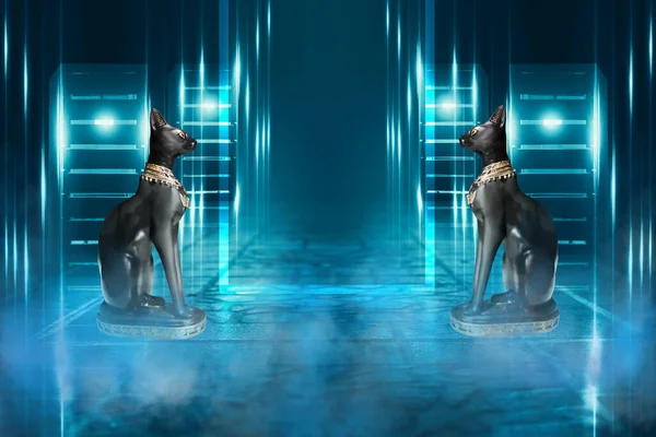 Egyptian goddess Bastet on a dark abstract background. The black figure of a cat in the rays of neon light, smoke and blurry lights.