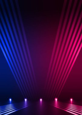 Arkaplan boş gösteri sahnesi. Ultraviyole koyu soyut arka plan. Geometrik neon şekiller, neon parıltısı, mavi ve pembe ışıklandırma