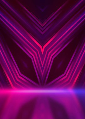 Arkaplan boş gösteri sahnesi. Ultraviyole koyu soyut arka plan. Geometrik neon şekiller, neon parıltısı, mavi ve pembe ışıklandırma