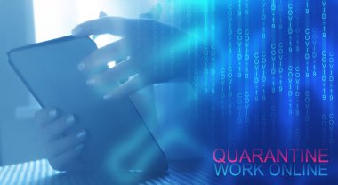 Karantina koronavirüsü. Evde çevrimiçi çalışıyorum. Dünya salgını. Soyut mavi pankart