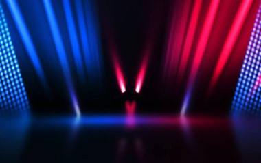 Boş koyu soyut arkaplan. Boş gösteri sahnesinin arkaplanı. Boş bir konser sahnesinde neon ışıklar ve neon figürler. Kaldırımdaki ışığın yansıması..