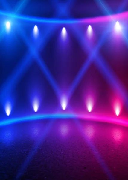 Arkaplan boş gösteri sahnesi. Ultraviyole koyu soyut arka plan. Geometrik neon şekiller, neon parıltısı, mavi ve pembe ışıklandırma