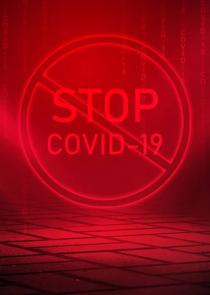 Mörkröd Abstrakt Bakgrund Neon Coronavirus Symbol Tegelvägg — Stockfoto