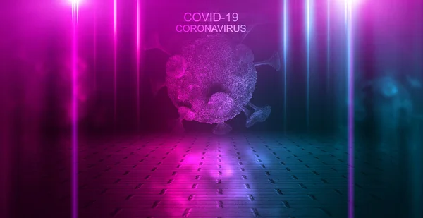 Koronavirüs COVID-2019 'un patojeninin soyut fütüristik arka plandaki neon hologramı. Ölümcül virüs türü 2019-NCoV.
