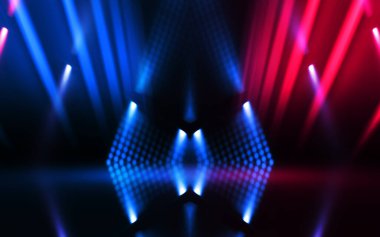 Boş koyu soyut arkaplan. Boş gösteri sahnesinin arkaplanı. Boş bir konser sahnesinde neon ışıklar ve neon figürler. Kaldırımdaki ışığın yansıması..