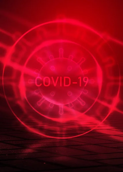 Dark Red Abstract Background Neon Coronavirus Symbol Brick Wall — Stock Photo, Image