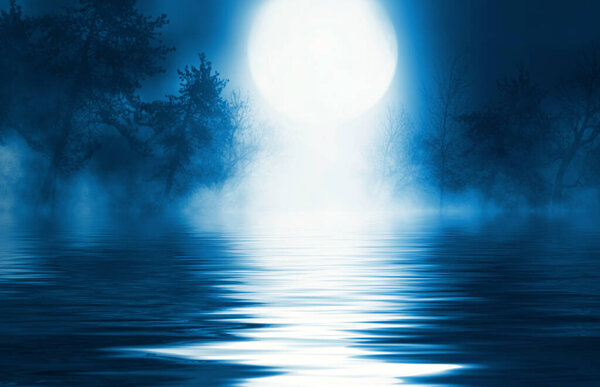 Background night landscape. The night sky, the full moon. Reflection of the moon on the water.