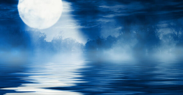 Background night landscape. The night sky, the full moon. Reflection of the moon on the water.