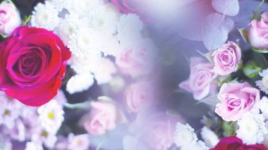 Metnin altında fotokopi alanı olan narin çiçek arkaplanı. Bahar çiçekleriyle bulanık bir arkaplan, Bokeh. Çiçek buketi yakın plan.