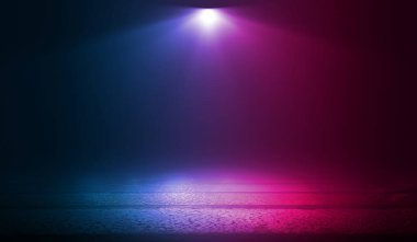 Boş koyu soyut arkaplan. Boş sokak geçmişi. Boş bir yoldaki neon ışıklarının parıltısı. Şehrin gece manzarası