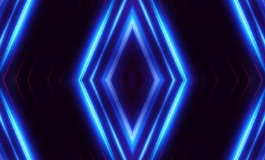 Karanlık soyut fütüristik arka plan. Neon hatları parlıyor. Neon hatları, şekiller. Çok renkli ışıltı, bulanık ışıklar, bokeh. Boş sahne arkaplanı