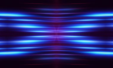 Karanlık soyut fütüristik arka plan. Neon hatları parlıyor. Neon hatları, şekiller. Çok renkli ışıltı, bulanık ışıklar, bokeh. Boş sahne arkaplanı