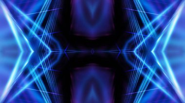 Karanlık soyut fütüristik arka plan. Neon hatları parlıyor. Neon hatları, şekiller. Çok renkli ışıltı, bulanık ışıklar, bokeh. Boş sahne arkaplanı