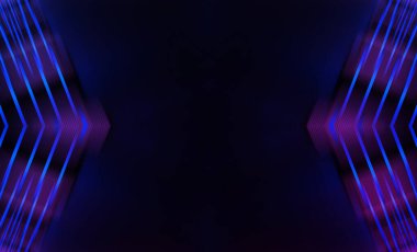 Karanlık soyut fütüristik arka plan. Neon hatları parlıyor. Neon hatları, şekiller. Çok renkli ışıltı, bulanık ışıklar, bokeh. Boş sahne arkaplanı