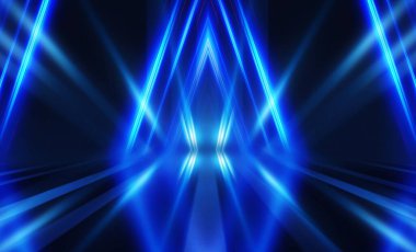 Boş koyu soyut arkaplan. Boş gösteri sahnesinin arkaplanı. Boş bir konser salonunda neon ışıkların parıltısı. Kaldırımdaki ışığın yansıması..