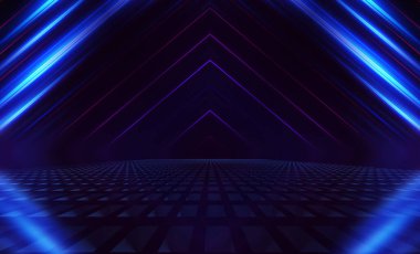 Boş koyu soyut arkaplan. Boş gösteri sahnesinin arkaplanı. Boş bir konser salonunda neon ışıkların parıltısı. Kaldırımdaki ışığın yansıması..