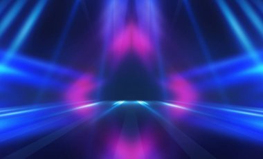 Boş koyu soyut arkaplan. Boş gösteri sahnesinin arkaplanı. Boş bir konser salonunda neon ışıkların parıltısı. Kaldırımdaki ışığın yansıması..