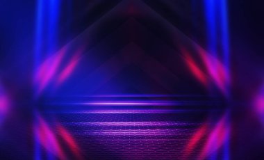Boş koyu soyut arkaplan. Boş gösteri sahnesinin arkaplanı. Boş bir konser salonunda neon ışıkların parıltısı. Kaldırımdaki ışığın yansıması..
