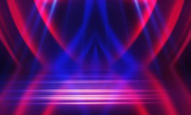 Boş koyu soyut arkaplan. Boş gösteri sahnesinin arkaplanı. Boş bir konser salonunda neon ışıkların parıltısı. Kaldırımdaki ışığın yansıması..