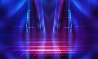 Boş koyu soyut arkaplan. Boş gösteri sahnesinin arkaplanı. Boş bir konser salonunda neon ışıkların parıltısı. Kaldırımdaki ışığın yansıması..