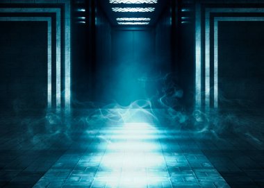 Duvarları tuğlalı ve beton kiremitleri olan boş bir odanın arka planı. Asansör kapılarını açın. Mavi neon ışığı, spot ışığı, lazer şekilleri, duman.