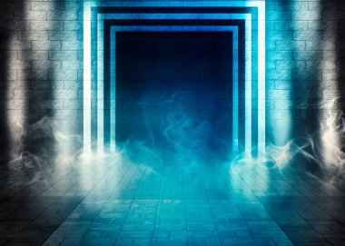 Tuğla duvarları ve beton döşemeleri olan boş bir odanın arka planı. Mavi neon ışığı, spot ışığı, lazer figürleri, duman.