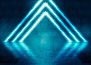 Tuğla duvarları ve beton döşemeleri olan boş bir odanın arka planı. Mavi neon ışığı, spot ışığı, lazer figürleri, duman.