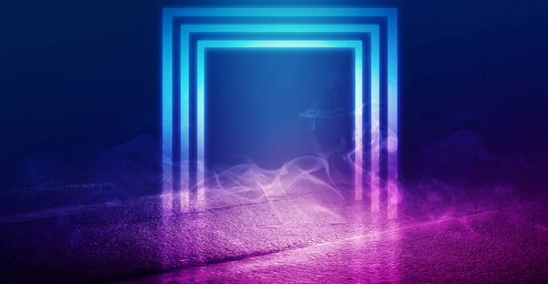 Háttér Üres Szoba Beton Járdán Kék Rózsaszín Neon Fény Füst — Stock Fotó