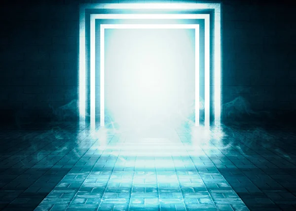 The background of an empty room with brick walls and concrete floor tiles. Blue neon light, spotlight, laser figures, smoke