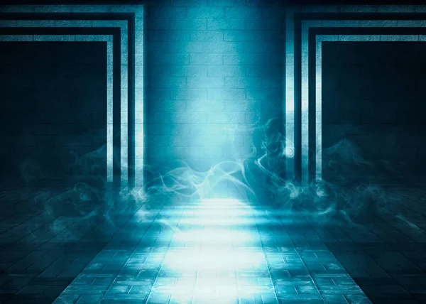 The background of an empty room with brick walls and concrete floor tiles. Blue neon light, spotlight, laser figures, smoke