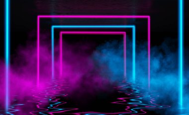 Karanlık, soyut bir arkaplan. Neon figürlerinin suda yansıması, duman, sis. 3d illüstrasyon