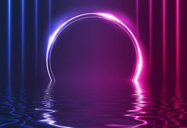 Karanlık, soyut bir arkaplan. Neon figürlerinin suda yansıması, duman, sis. 3d illüstrasyon