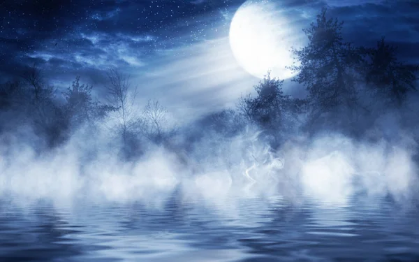 Reflection of the full moon on the water. Dark dramatic background. Moonlight, smoke and fog