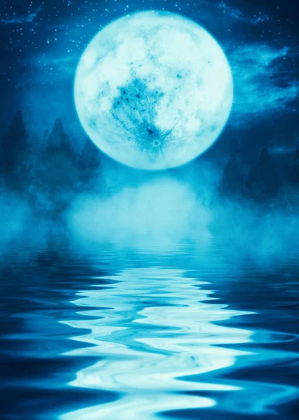 Reflection of the full moon on the water. Dark dramatic background. Moonlight, smoke and fog