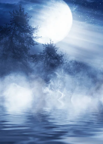 Reflection of the full moon on the water. Dark dramatic background. Moonlight, smoke and fog. 3d illustration