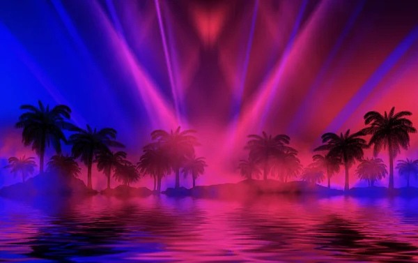Soyut Arka Planda Neon Işıklı Tropikal Palmiye Ağaçlarının Siluetleri Suyun — Stok fotoğraf