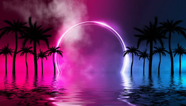 Silhouettes Tropical Palm Trees Background Abstract Background Neon Glow Reflection — Stock Photo, Image