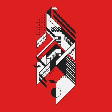 Soyut geometrik öğesi kırmızı zemin üzerine. Fütürizm ve Yapısalcılık tarzı. Parmak izi ya da poster olarak yararlı.