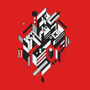 Soyut geometrik öğesi kırmızı zemin üzerine. Fütürizm ve Yapısalcılık tarzı. Parmak izi ya da poster olarak yararlı.