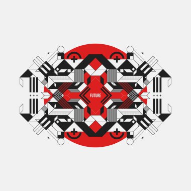 Soyut simetrik tasarım öğesi üzerinde kırmızı bir daire. Fütüristik tasarımı, baskı ve posterler için yararlı.