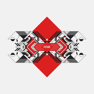 Soyut simetrik tasarım öğesi kırmızı rhombus üzerinde. Fütüristik tasarımı, baskı ve posterler için yararlı.