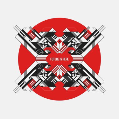 Soyut simetrik tasarım öğesi üzerinde kırmızı bir daire. Fütüristik tasarımı, baskı ve posterler için yararlı.